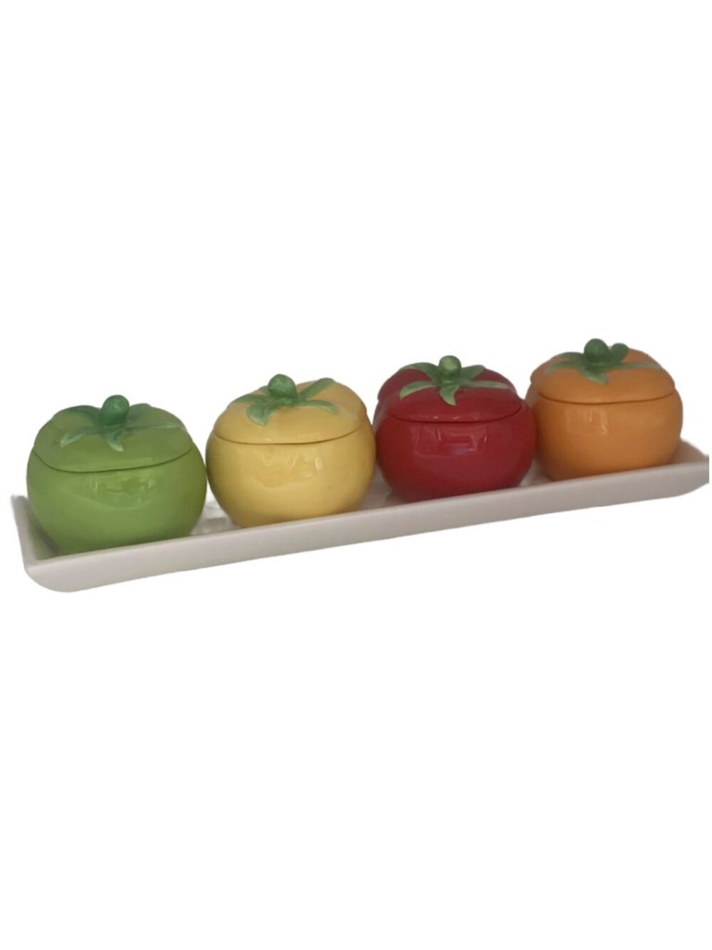 Boston Warehouse Ceramic Pepper Shaped Colored Condiment Jars Tray Serving Set